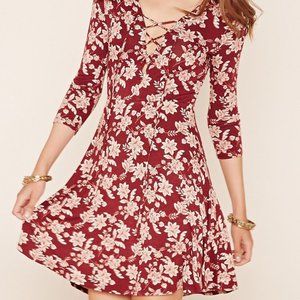 Forever 21 3/4 Sleeve Skater Dress with Lace-up Neckline and Maroon Floral Print